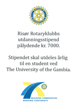 Risør Rotary gir gave til Gambiske studenterpris stipen
